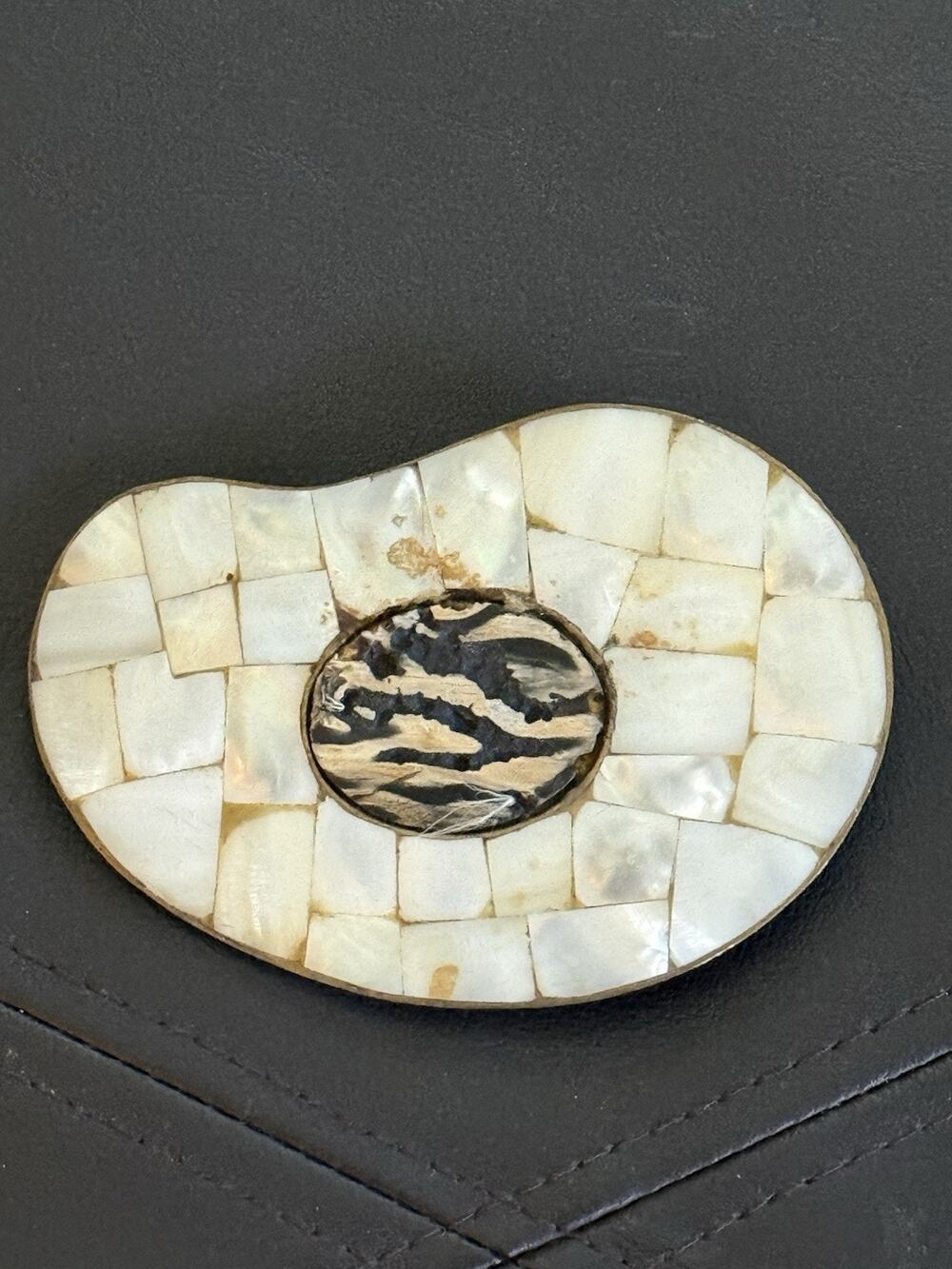 Vintage Mother of Pearl Mosaic Belt Buckle Oval Wood Inlay Gold Tone MCM